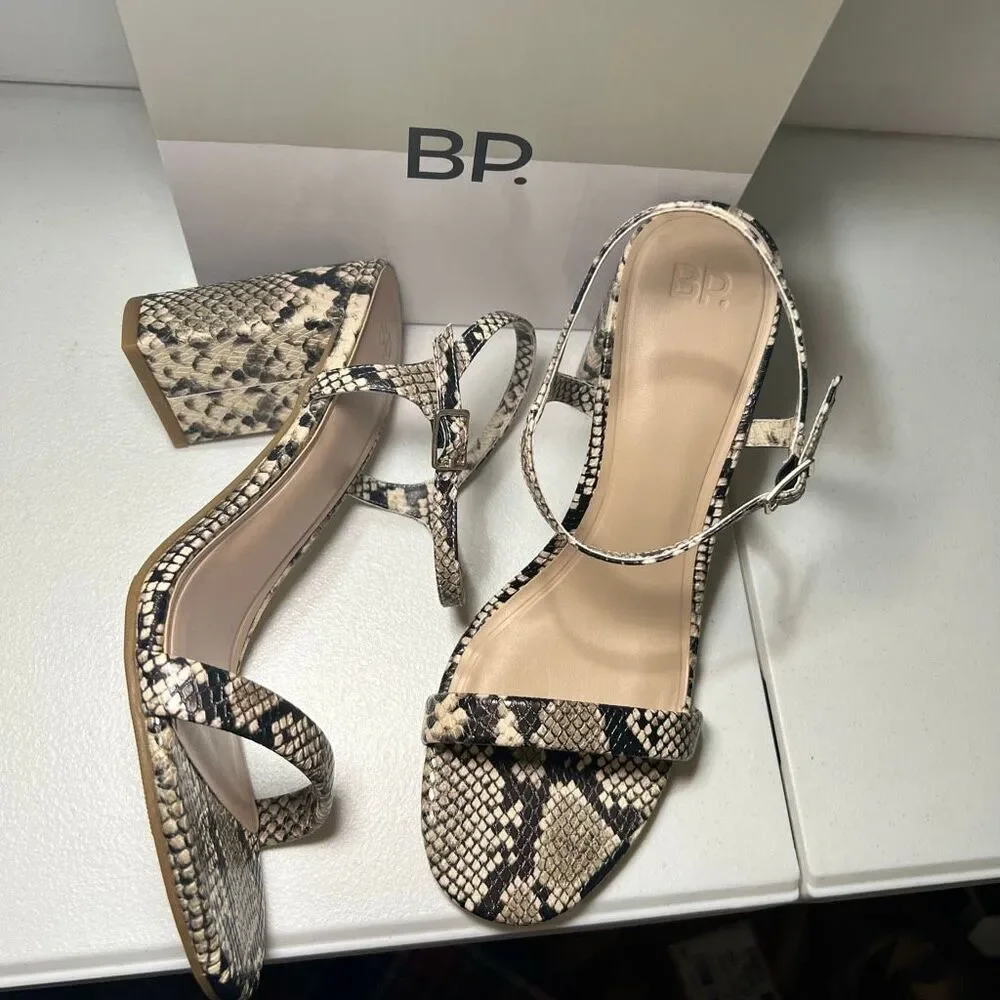 NIB Python Print BP Strappy Wide Block Heels 8.5 Vegan Leather